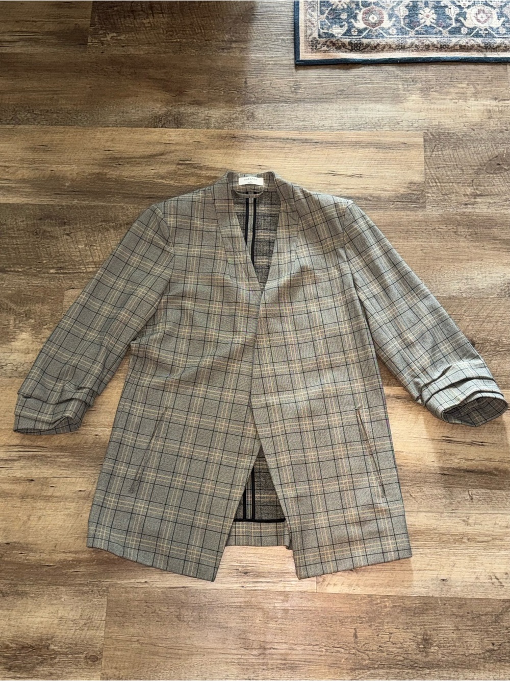 Aritzia Plaid Collarless Blazer in Gray and Tan